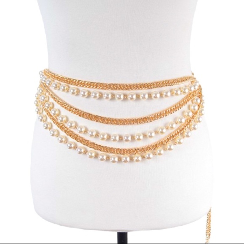 Gold Metal & Pearl Layer Statement Adjustable Chain Belt